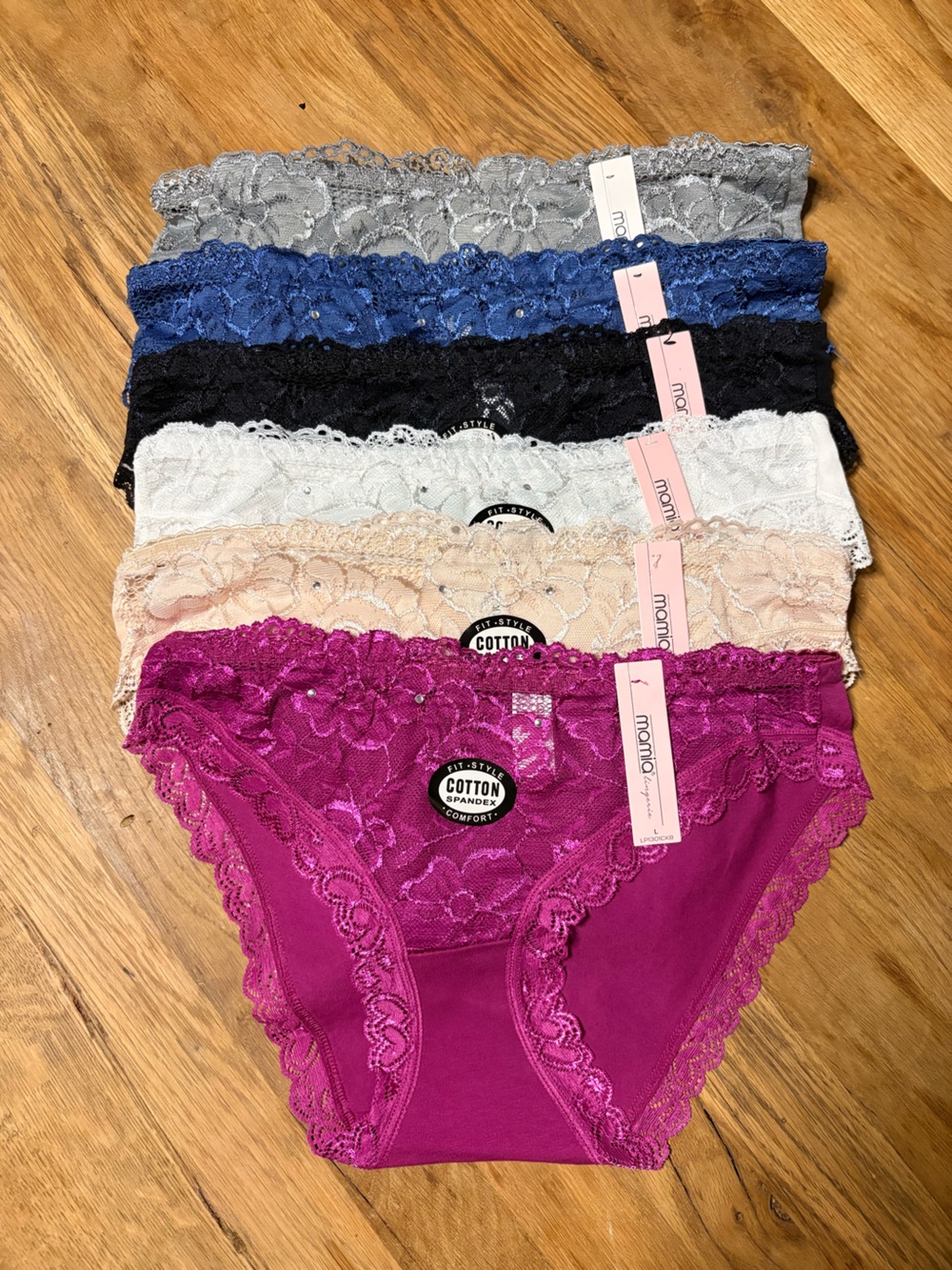 Mamia Lace Bikini Panty 6-Pack in Magenta, Beige, White, Black, Blue, Gray